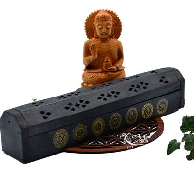 Boîte Porte Encens en Bois Noir - 7 Chakras Doré