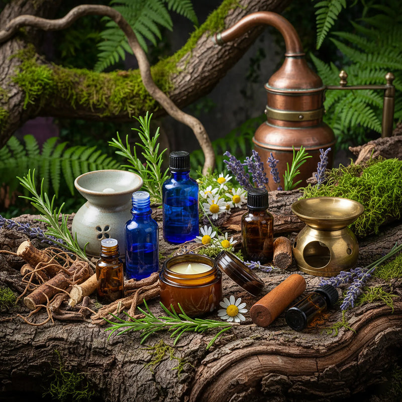 Atmosphère d'aromathérapie et phytothérapie : flacons de verre bleu et ambré, pots de baume, brûle-parfums et plantes fraîches entourant un alambic en cuivre sur une souche boisée.