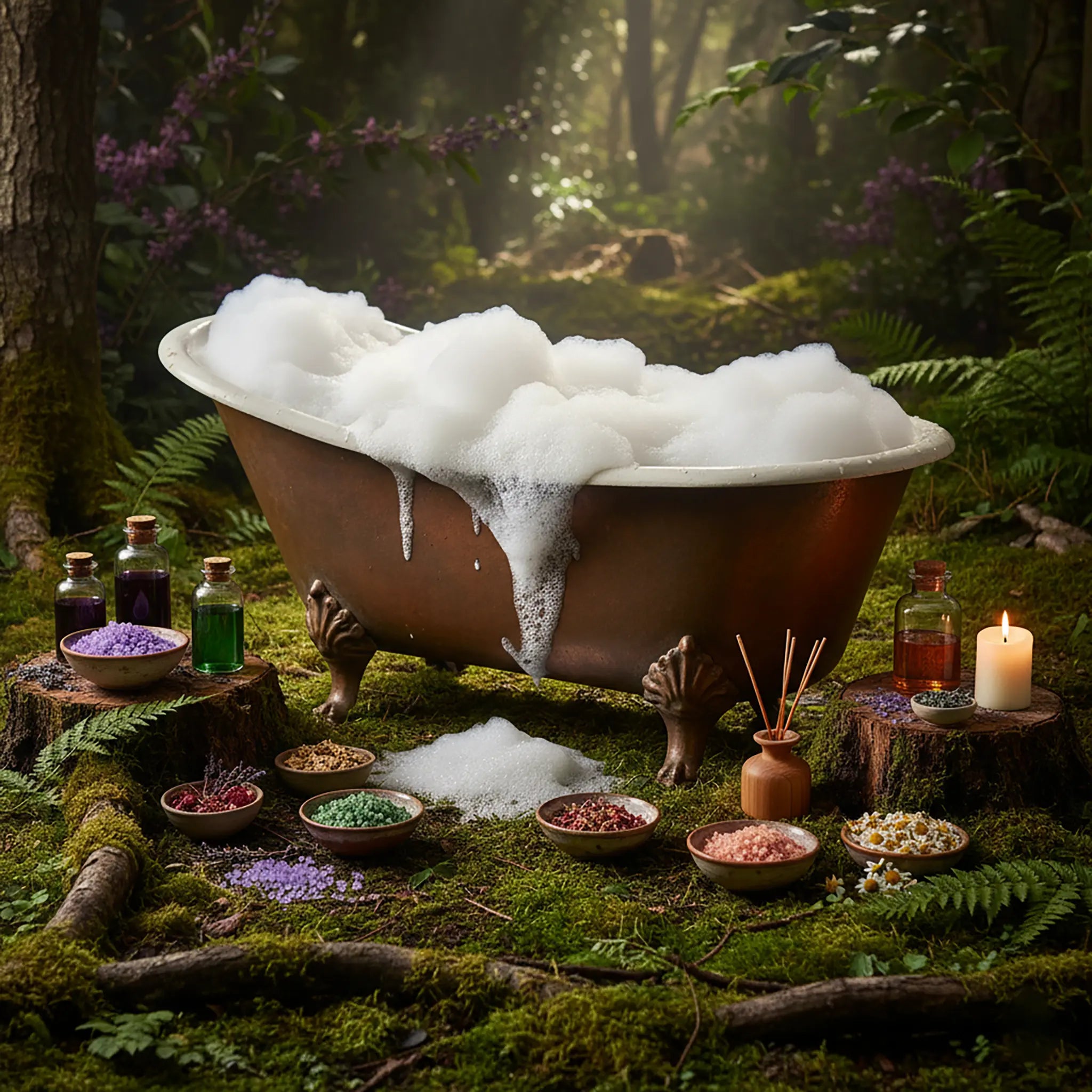 Baignoire en cuivre remplie de mousse entourée de sels pour bain rituel, de fioles et de bougies sur de la mousse végétale.