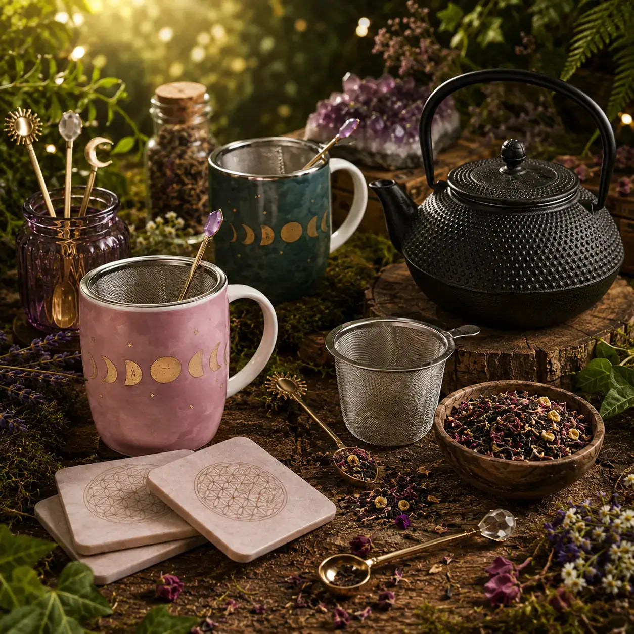 Table de rituel en bois présentant des accessoires de thé ésotériques : deux mugs roses et verts ornés de lunes dorées, une théière en fonte noire, des sous-verres Fleur de Vie et des cristaux d'améthyste.