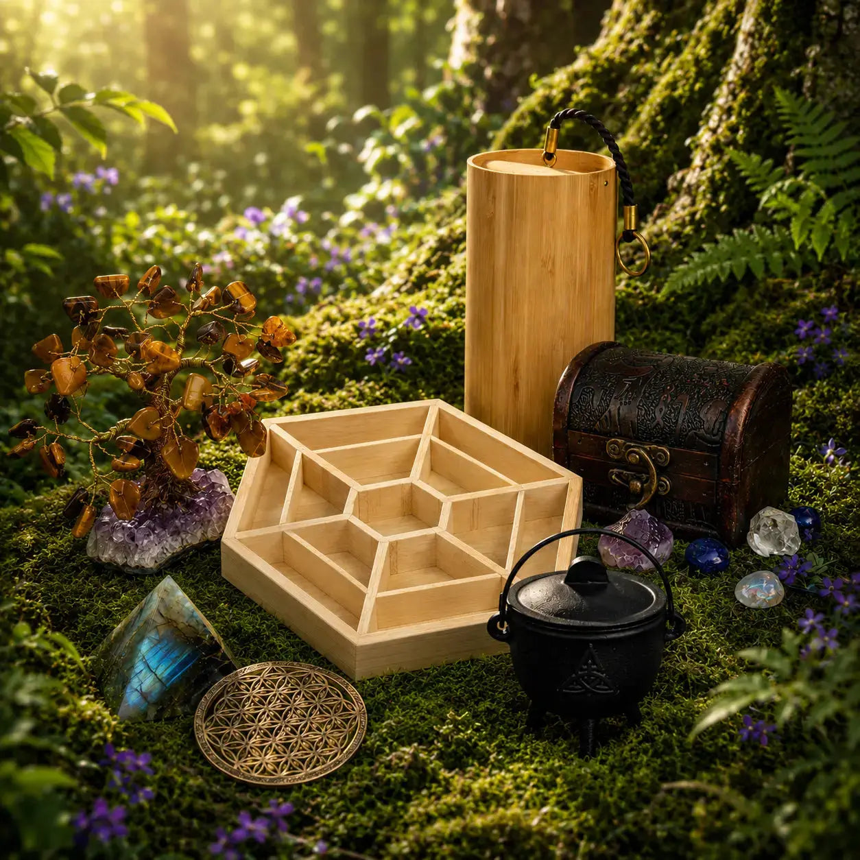 Arbre de vie en minéraux, carillon en bambou, coupelle en bois et pyramide en labradorite sur de la mousse.