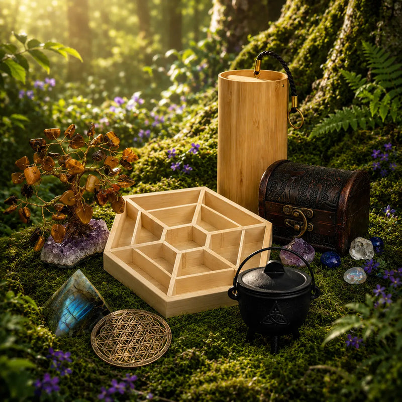 Arbre de vie en minéraux, carillon en bambou, coupelle en bois et pyramide en labradorite sur de la mousse.