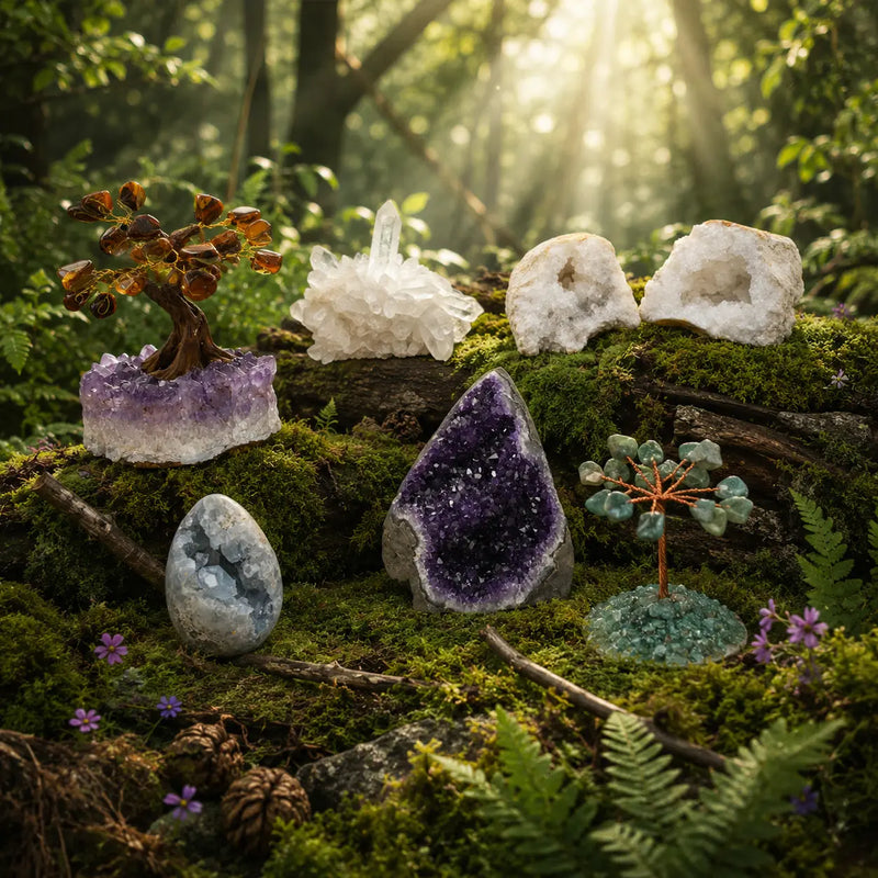 Géodes et arbres de vie en améthyste, quartz et célestite déposés sur un tapis de mousse.