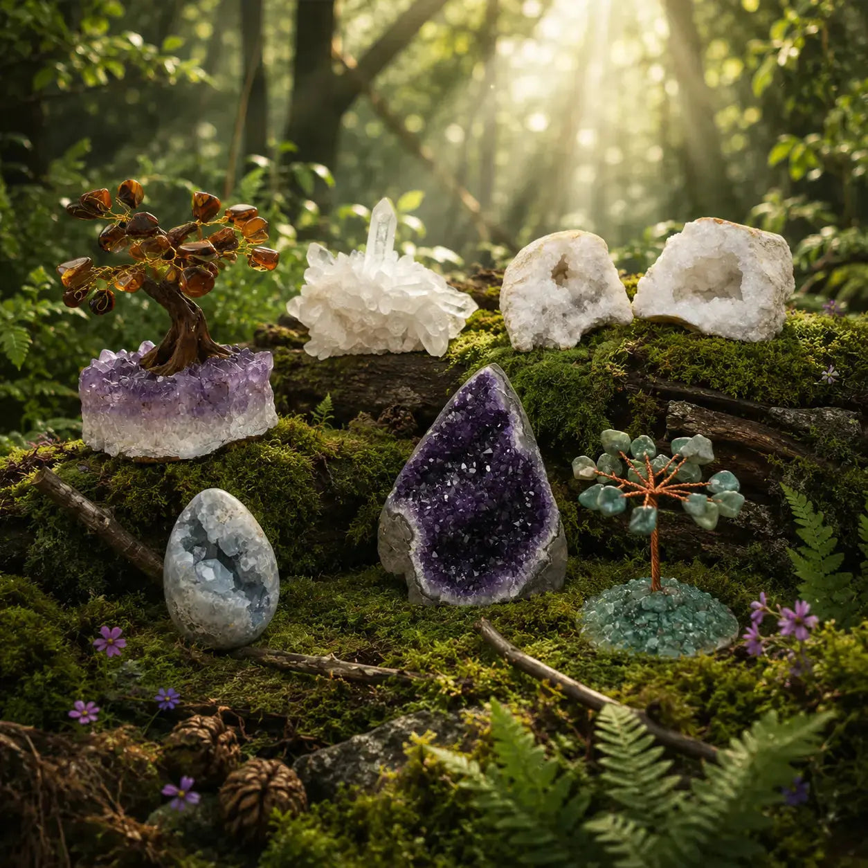 Géodes et arbres de vie en améthyste, quartz et célestite déposés sur un tapis de mousse.