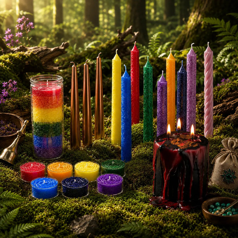 Assortiment de bougies spéciales colorées, chandelles de rituel et flambeaux sacrés disposés sur de la mousse en forêt.