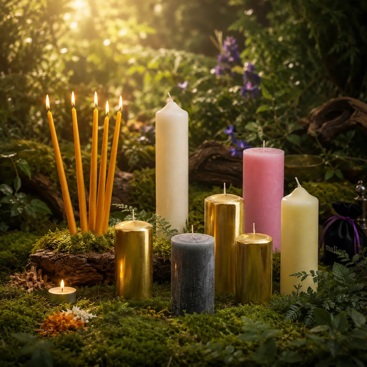 Assortiment de fins cierges jaunes allumés et de bougies piliers dorées, blanches, roses et grises posés sur de la mousse en forêt.
