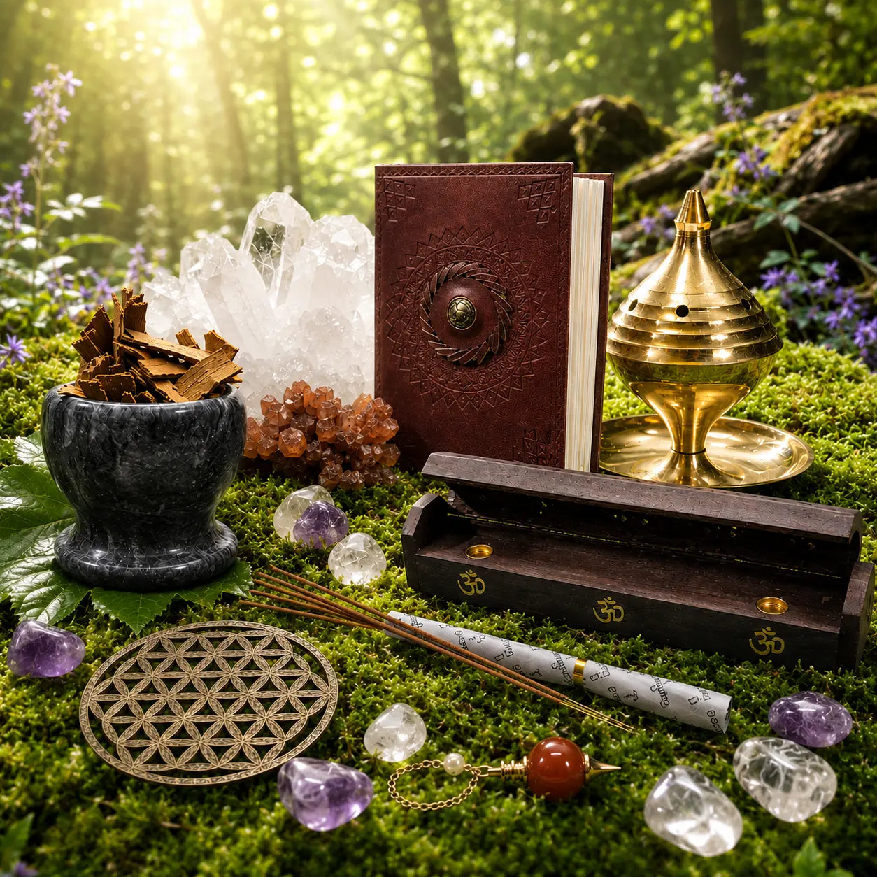 Grimoire, cristaux, brûle-encens en laiton et fleur de vie posés sur de la mousse dans une forêt ensoleillée.