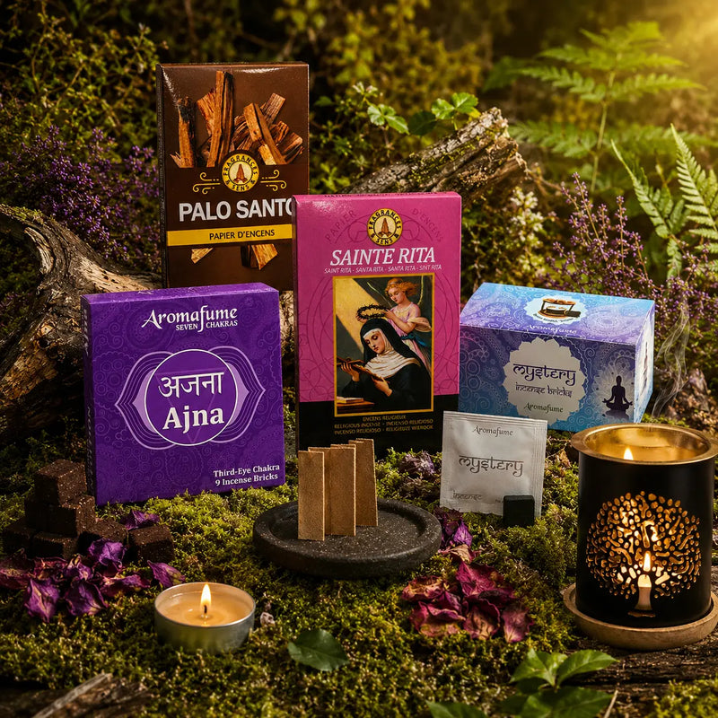 Boîtes de briques et papiers encens Aromafume et Sainte Rita avec des bandelettes et un diffuseur allumé sur de la mousse.