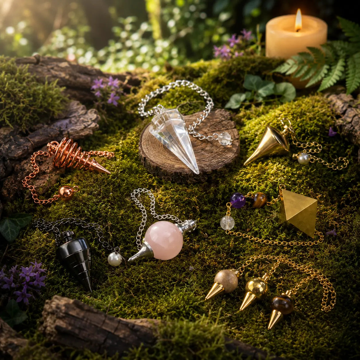 Assortiment de pendules radiesthésie en cristal de roche, quartz rose et laiton posés sur de la mousse.