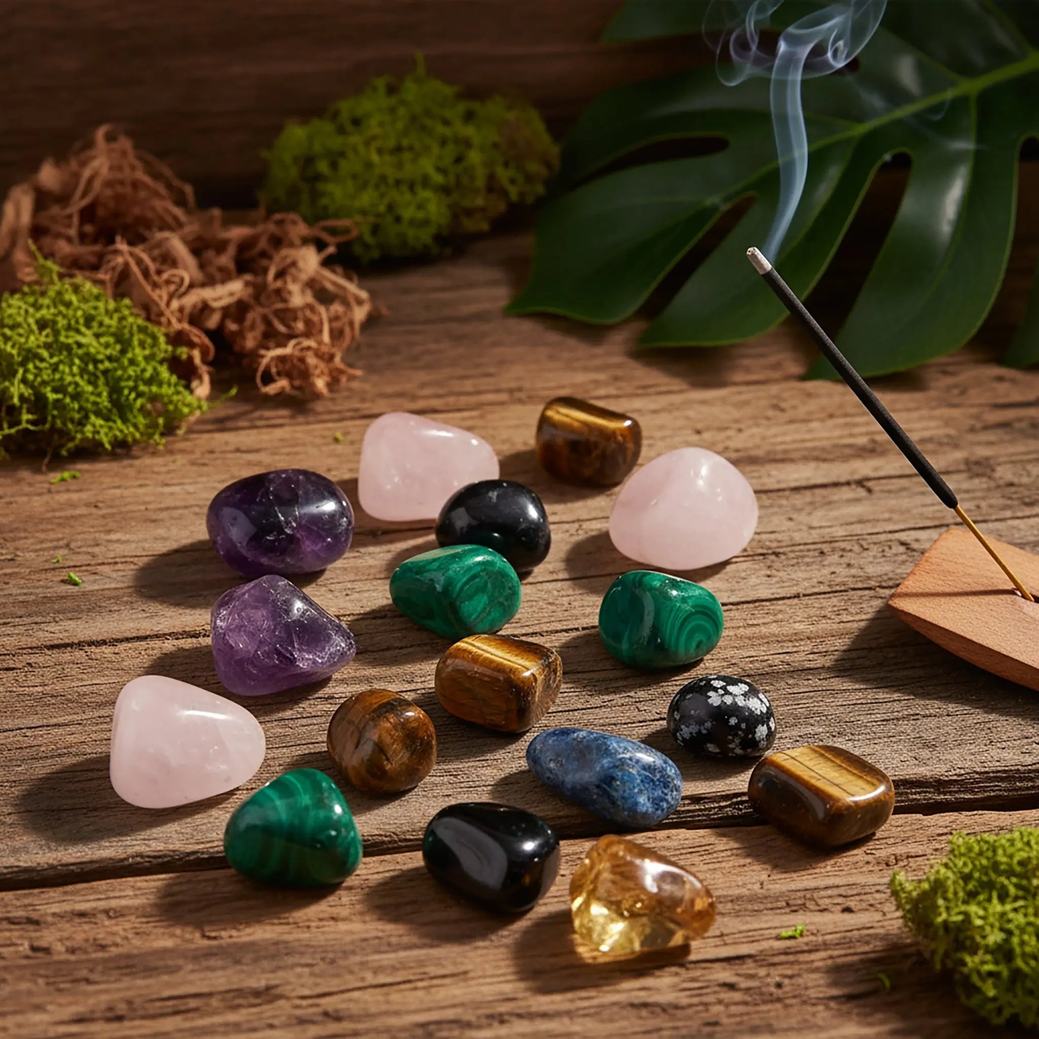 Collection de pierres roulées (quartz rose, œil de tigre, malachite) sur une table en bois avec un bâton d'encens.