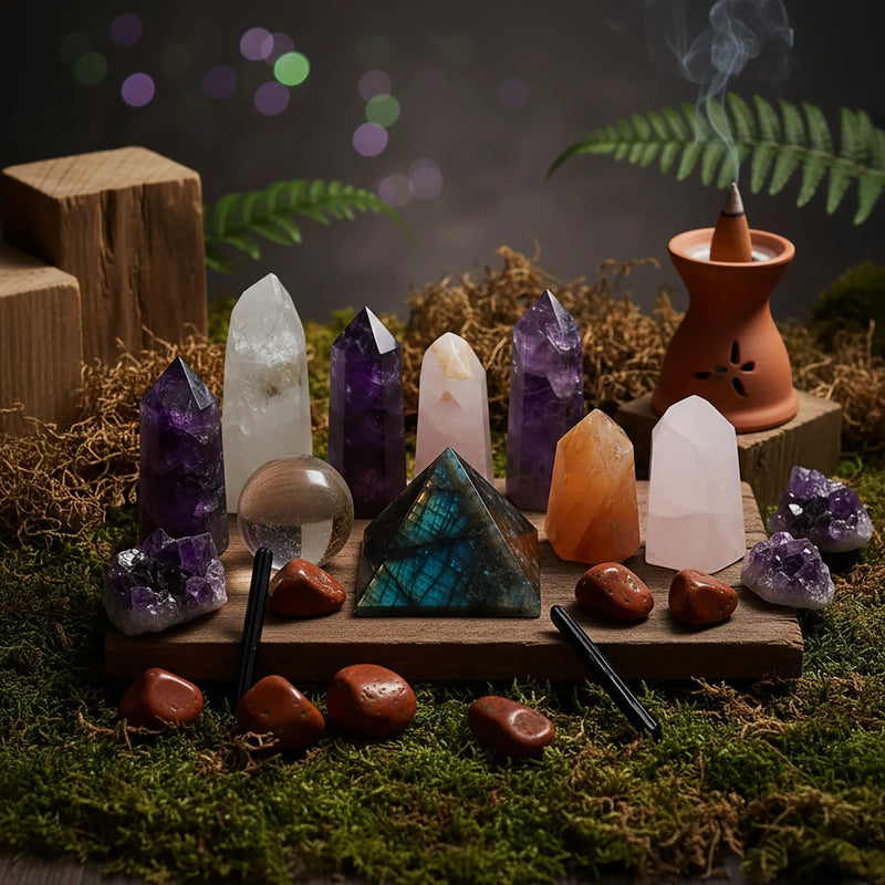 Collection de pierres et cristaux taillés (pointes, pyramide) avec encens sur un lit de mousse.