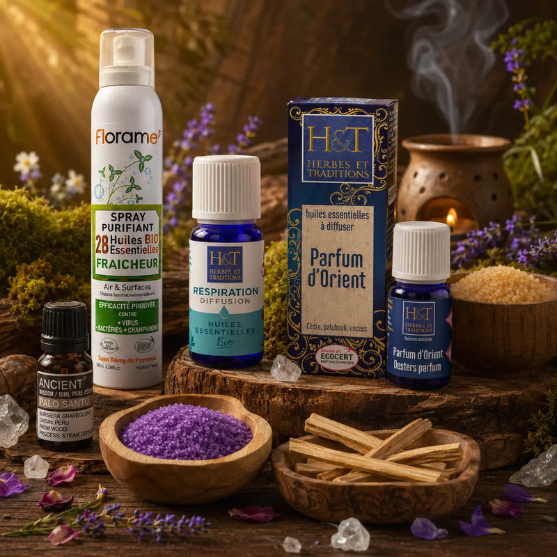 Flacons d'huiles essentielles, spray et granulés parfumés posés sur du bois avec un brûleur d'huiles.