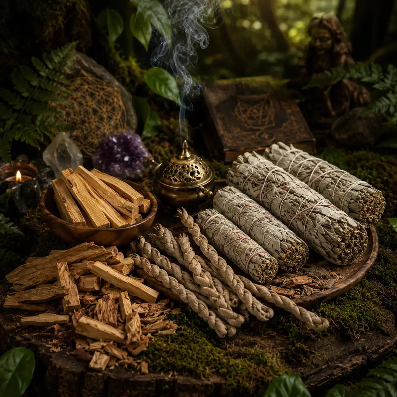 Kit de purification spirituelle comprenant des bâtons de sauge blanche séchée, du bois de Palo Santo, des torsades de foin d'odeur, une améthyste, un quartz et un brûle-parfum en bronze fumant.