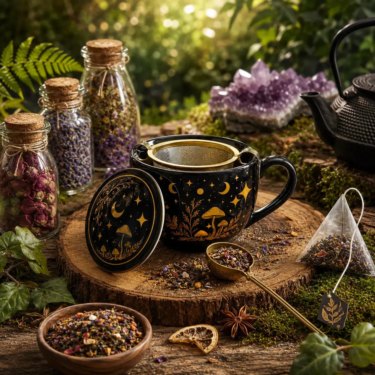 Mug ésotérique noir et or orné de lunes et champignons sacrés entouré de bocaux d'herbes séchées, de boutons de rose, de badiane et d'un thé en vrac sur une souche de bois.