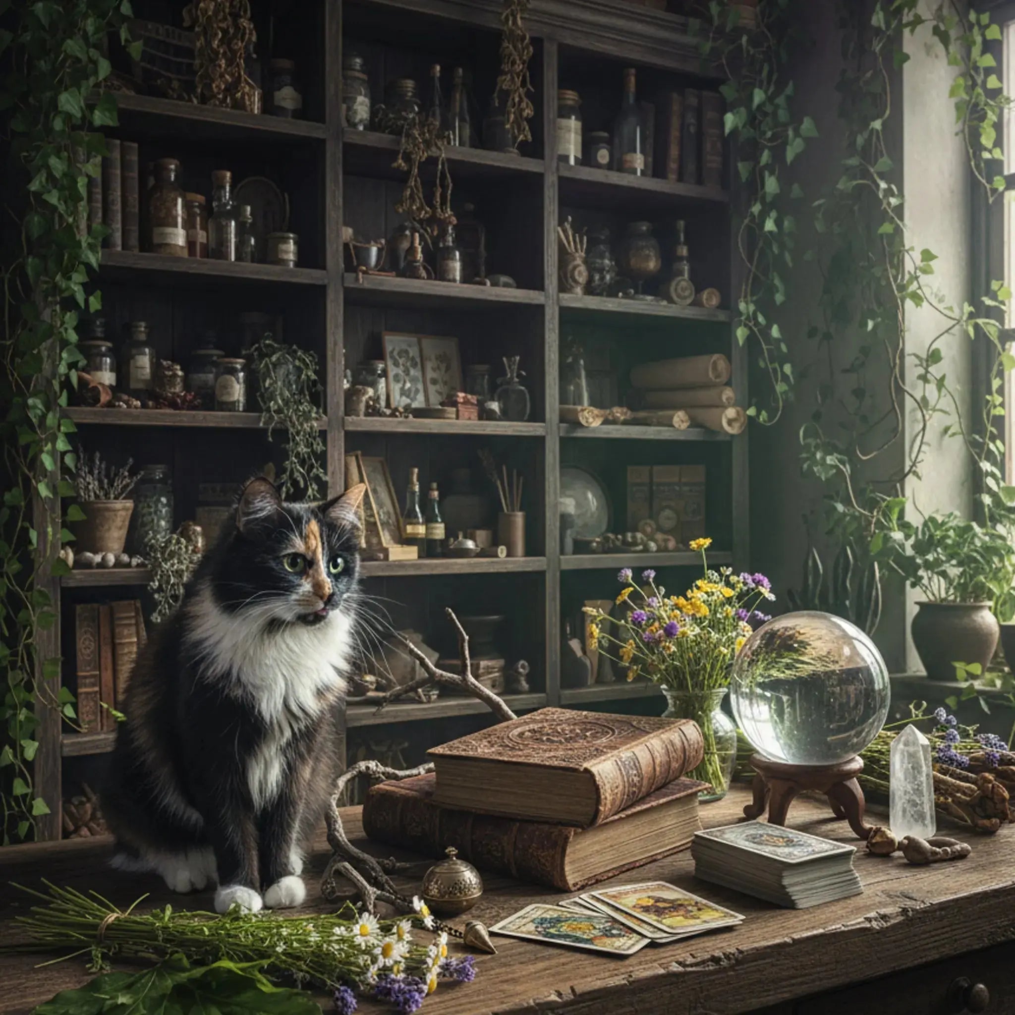 Scène de divination montrant un chat calico assis sur une table en bois près d'une boule de cristal, de cartes de tarot, de grimoires et de fleurs, devant une étagère remplie de fioles.