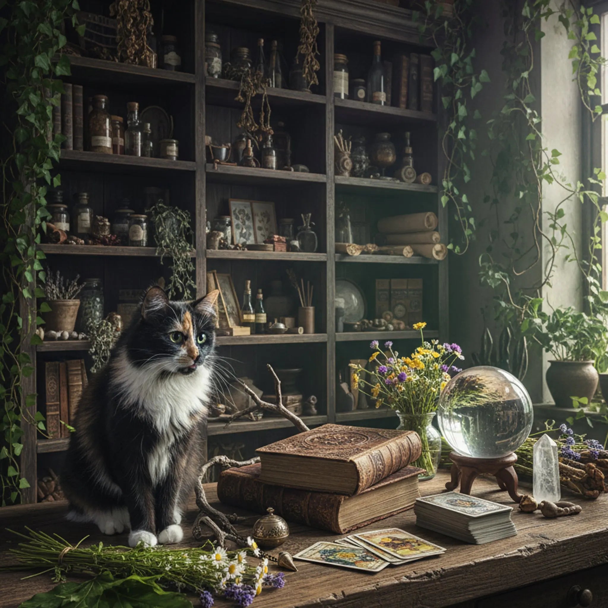 Scène de divination montrant un chat calico assis sur une table en bois près d'une boule de cristal, de cartes de tarot, de grimoires et de fleurs, devant une étagère remplie de fioles.