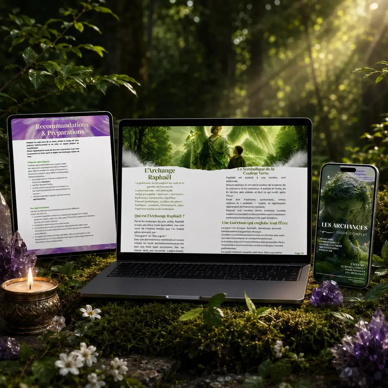 Ebook guide complet sur les archanges, ordinateur portable, tablette et smartphone affichant le livre numérique entourés de cristaux d'améthyste et d'une bougie dans la nature.