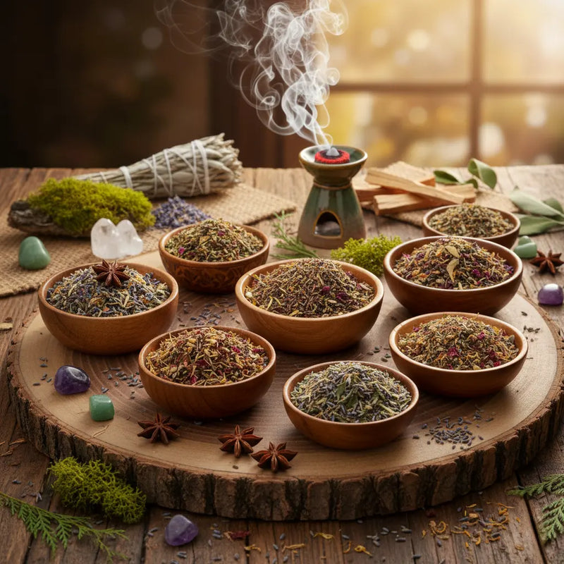 Présentation d'ingrédients pour encens sur un rondin de bois : bols en bois remplis d'herbes séchées, badianes, cristaux et un brûle-parfum libérant une fumée blanche.