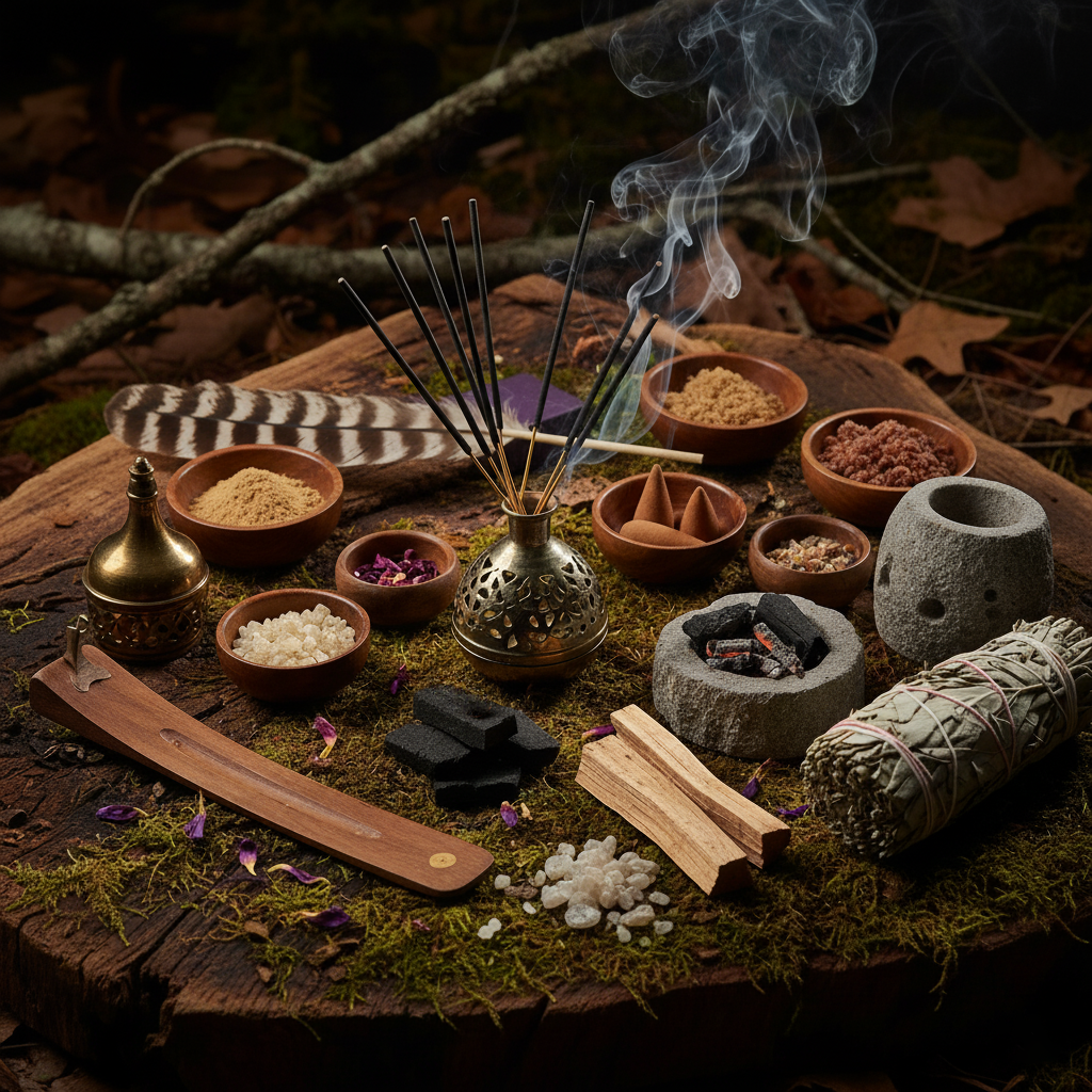 Composition rituelle d'encens et fumigation sur une souche moussue : bâtonnets fumants, cônes, sauge blanche, palo santo, résines et charbons entourant un brûle-parfum en laiton.