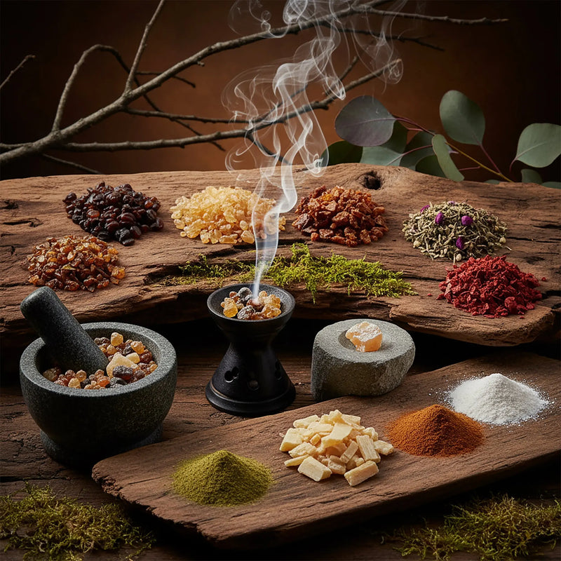 Assortiment d'encens en grains, résines et poudres naturelles sur bois, avec mortier et brûle-encens.