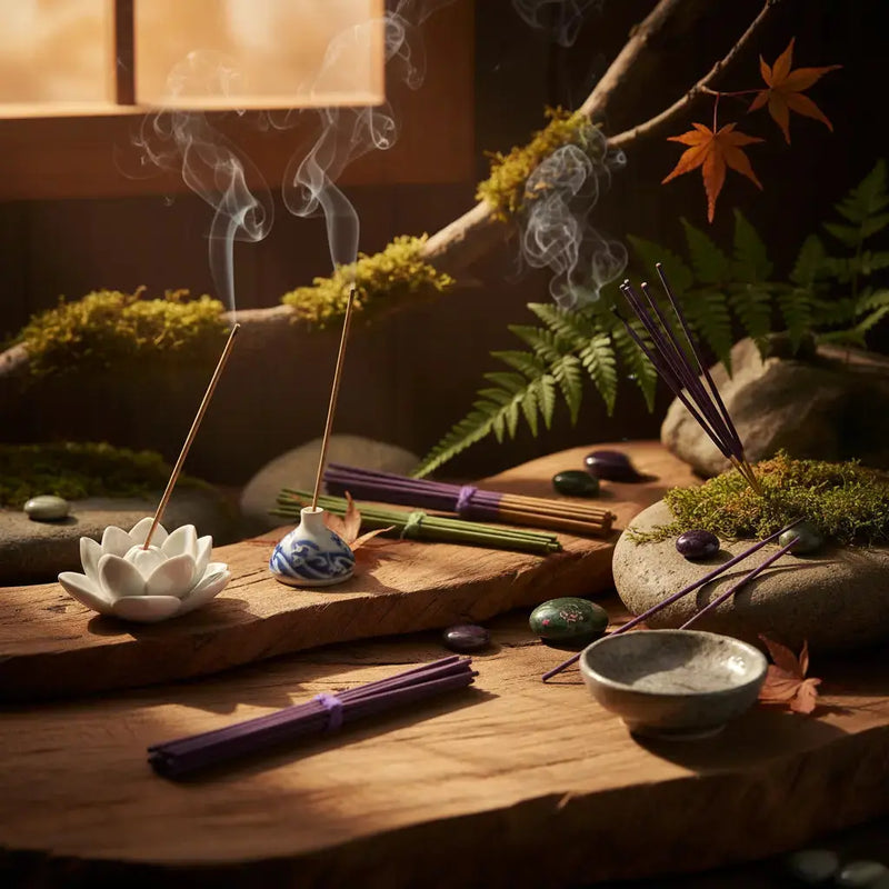 Bâtonnets d'encens japonais violet et vert posés sur des supports en céramique et en bois avec de la fumée subtile.