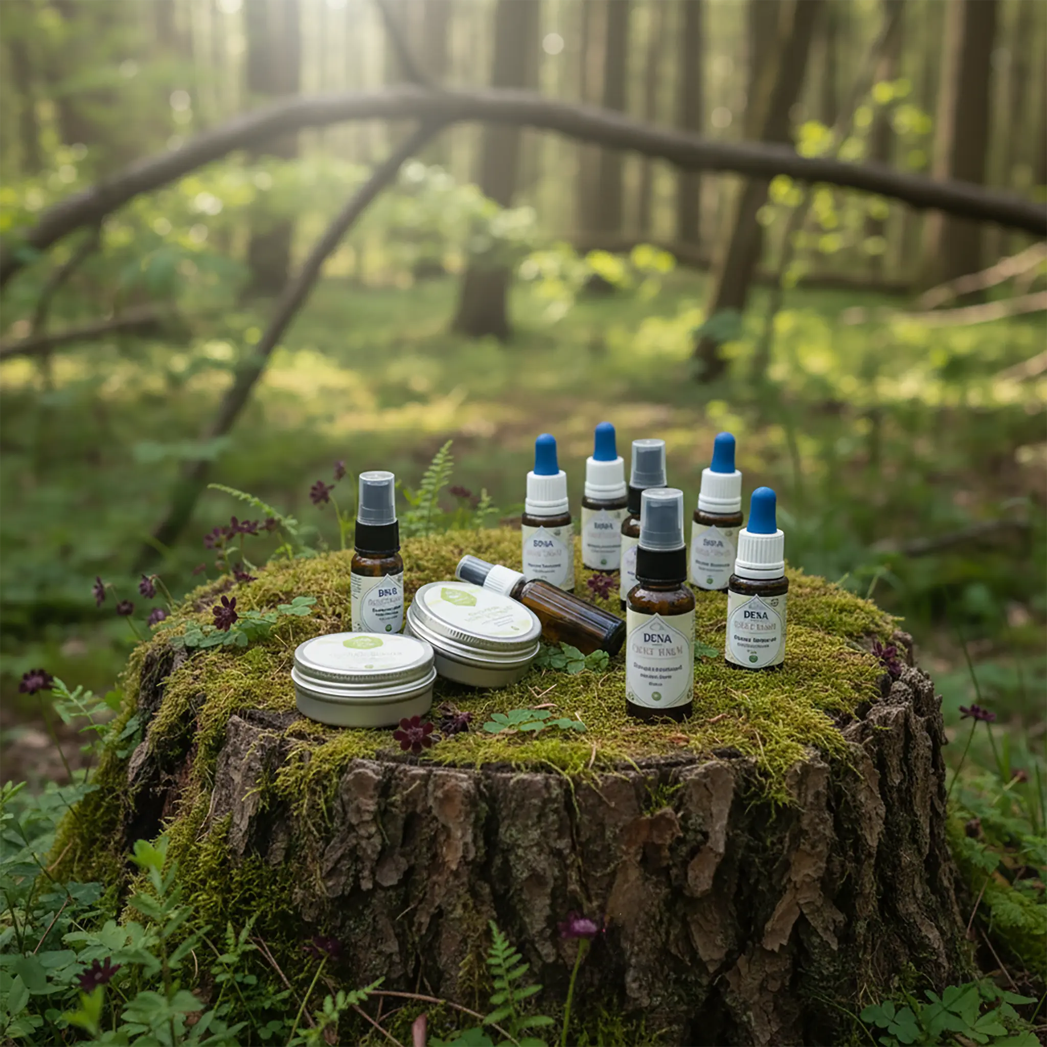 Gamme de produits DEVA (fleurs de Bach, élixirs) sur une souche d'arbre en forêt.