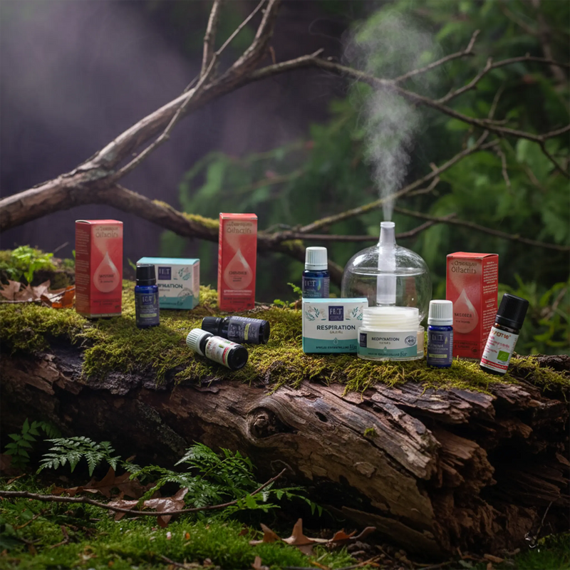 Diffuseur et gamme d'huiles essentielles sur un tronc d'arbre en forêt.