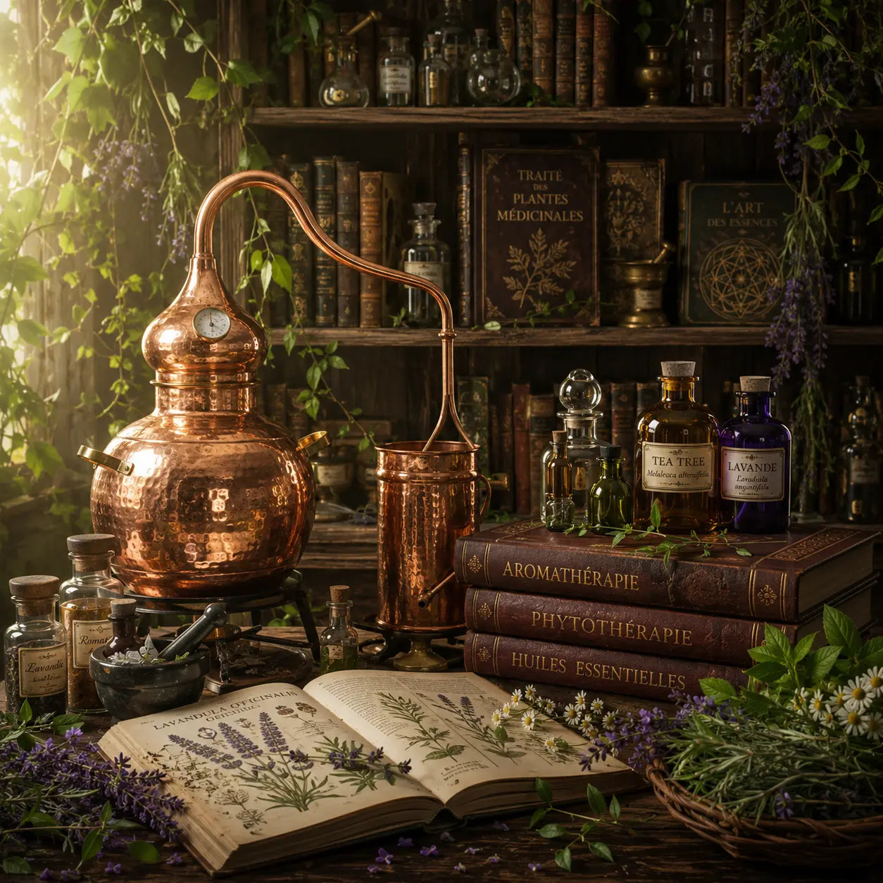 Alambic en cuivre, flacons d'huiles essentielles et livres aromathérapie phytothérapie ouverts sur une table.