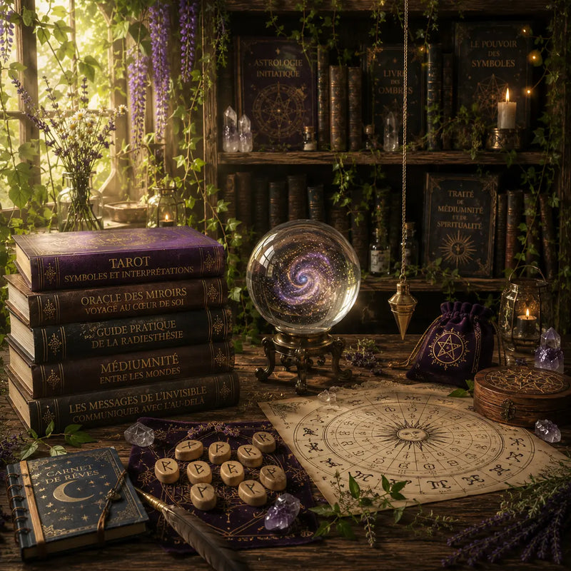 Pile de livres arts divinatoires à côté d'une boule de cristal, d'un pendule et de runes sur une table en bois.