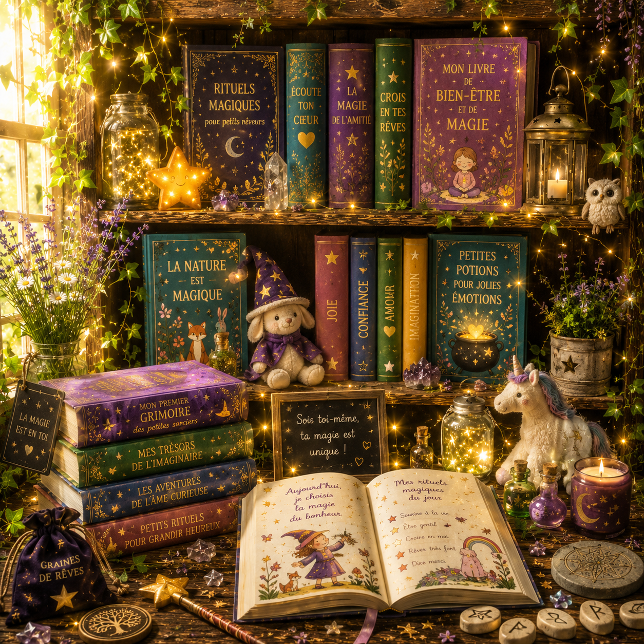 Collection de livres de développement personnel et de magie pour enfants sur une étagère en bois illuminée de guirlandes, entourée d'une peluche de lapin sorcier, d'une licorne et d'un grimoire ouvert.