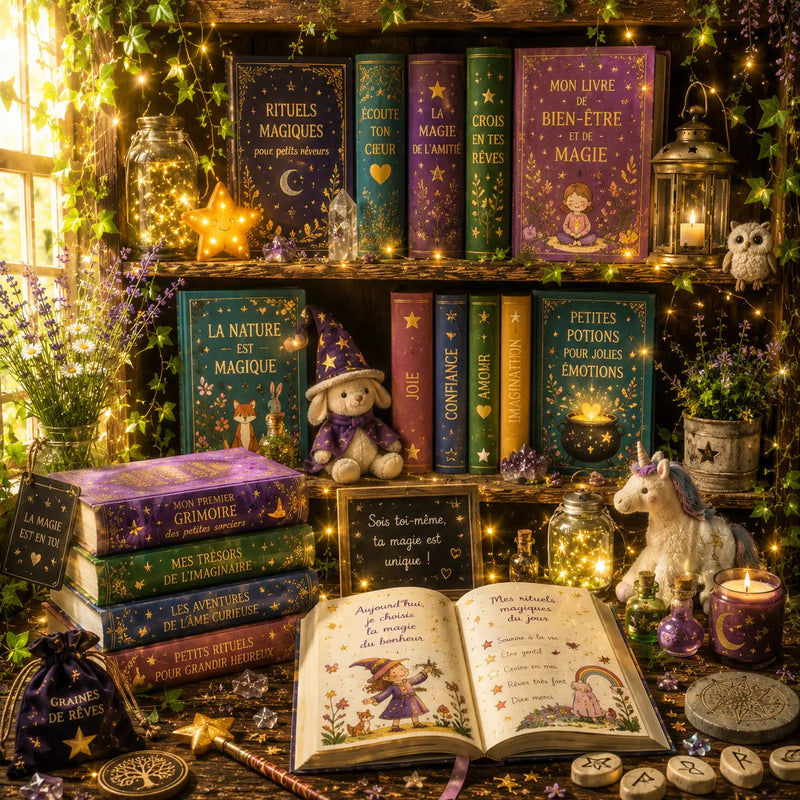 Collection de livres de développement personnel et de magie pour enfants sur une étagère en bois illuminée de guirlandes, entourée d'une peluche de lapin sorcier, d'une licorne et d'un grimoire ouvert.