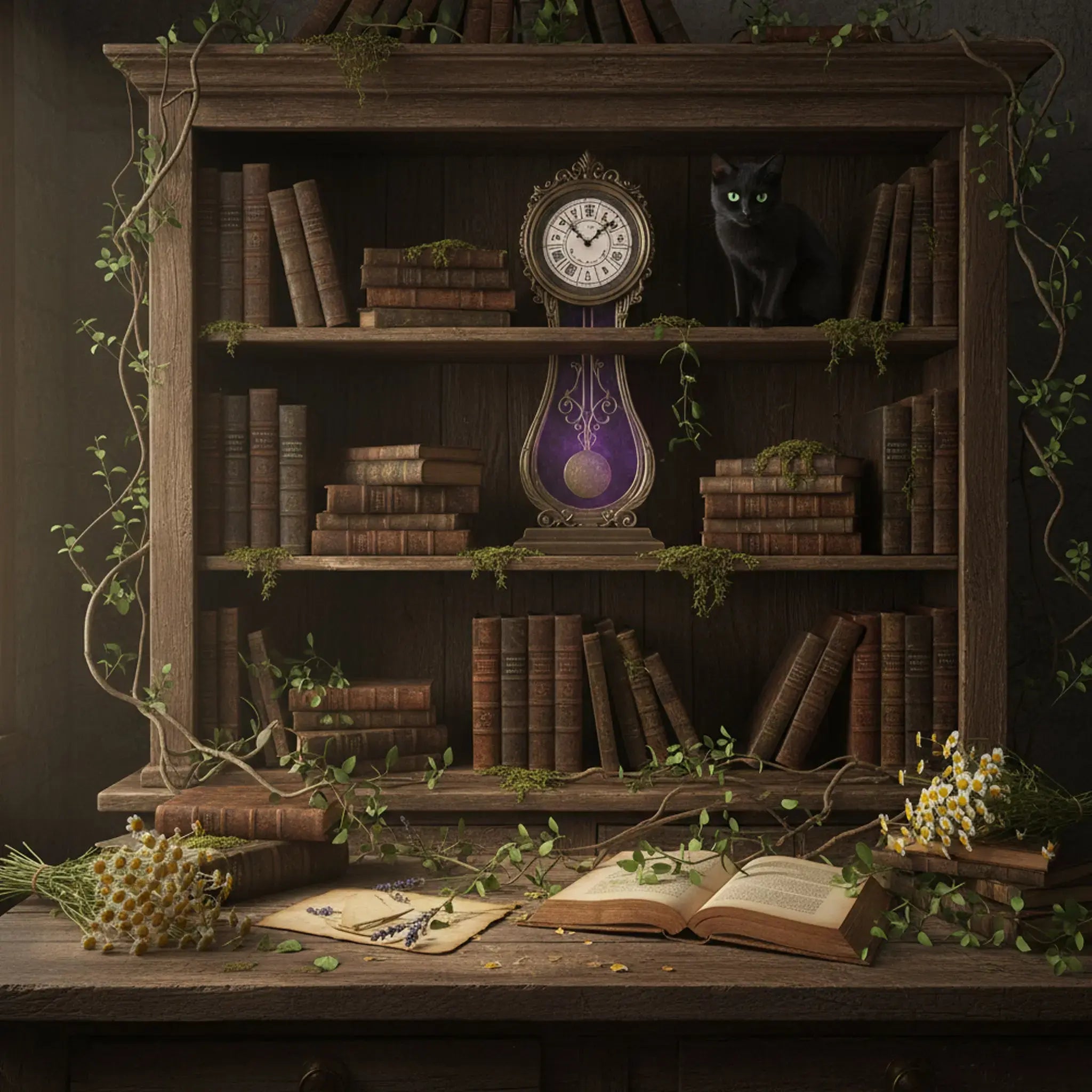Bibliothèque en bois contenant de vieux livres ésotériques recouverts de mousse, une horloge à pendule violette et un chat noir aux yeux verts, surplombant une table avec un grimoire ouvert et des fleurs de camomille.