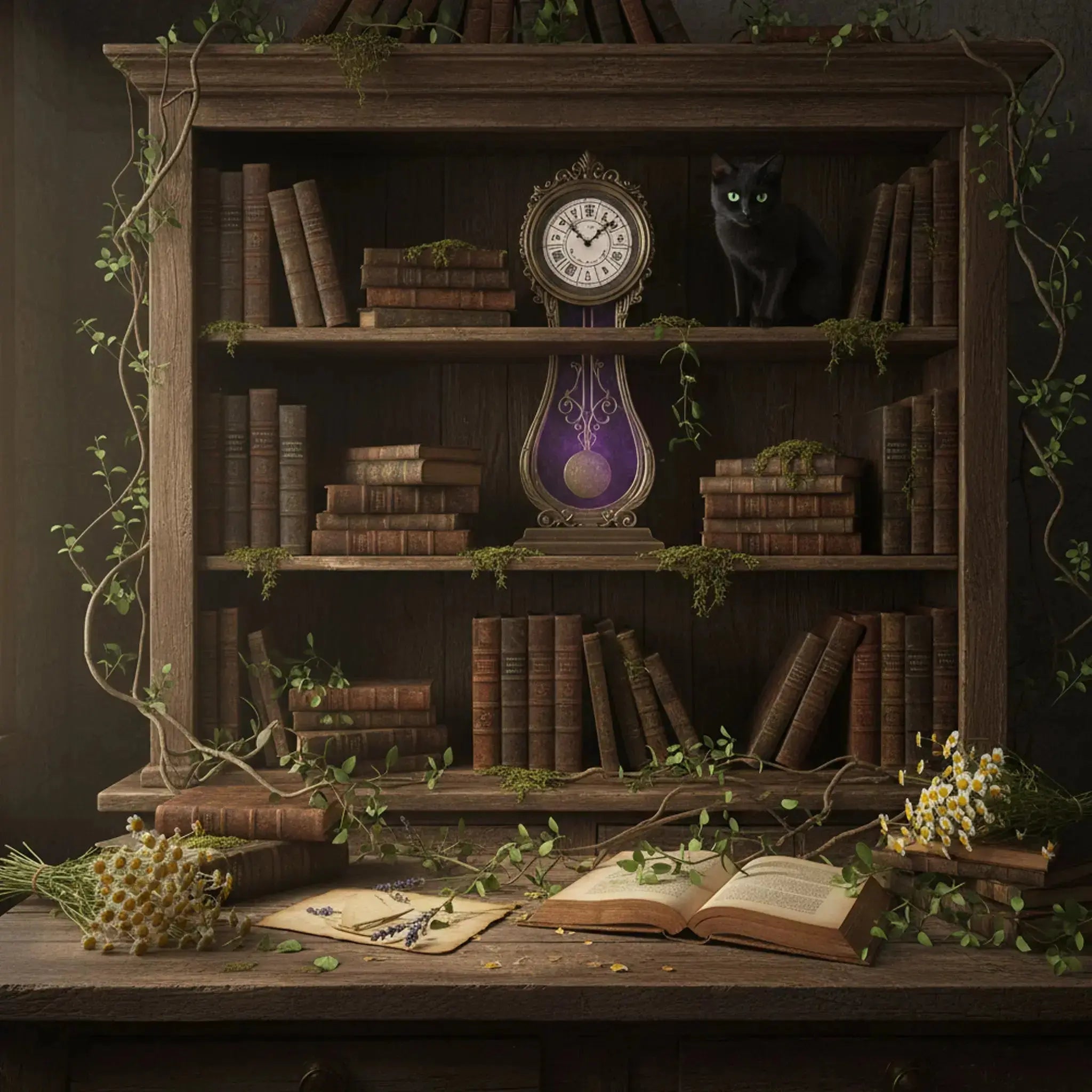 Bibliothèque en bois contenant de vieux livres ésotériques recouverts de mousse, une horloge à pendule violette et un chat noir aux yeux verts, surplombant une table avec un grimoire ouvert et des fleurs de camomille.