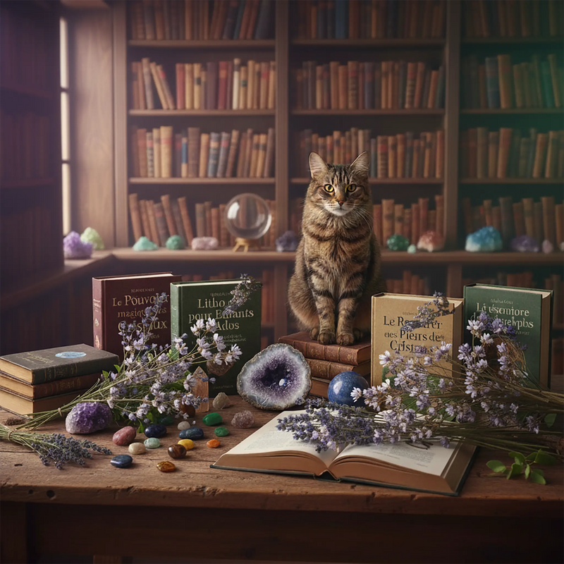 Chat sur un bureau avec des livres de lithothérapie, des pierres et de la lavande, devant une bibliothèque.