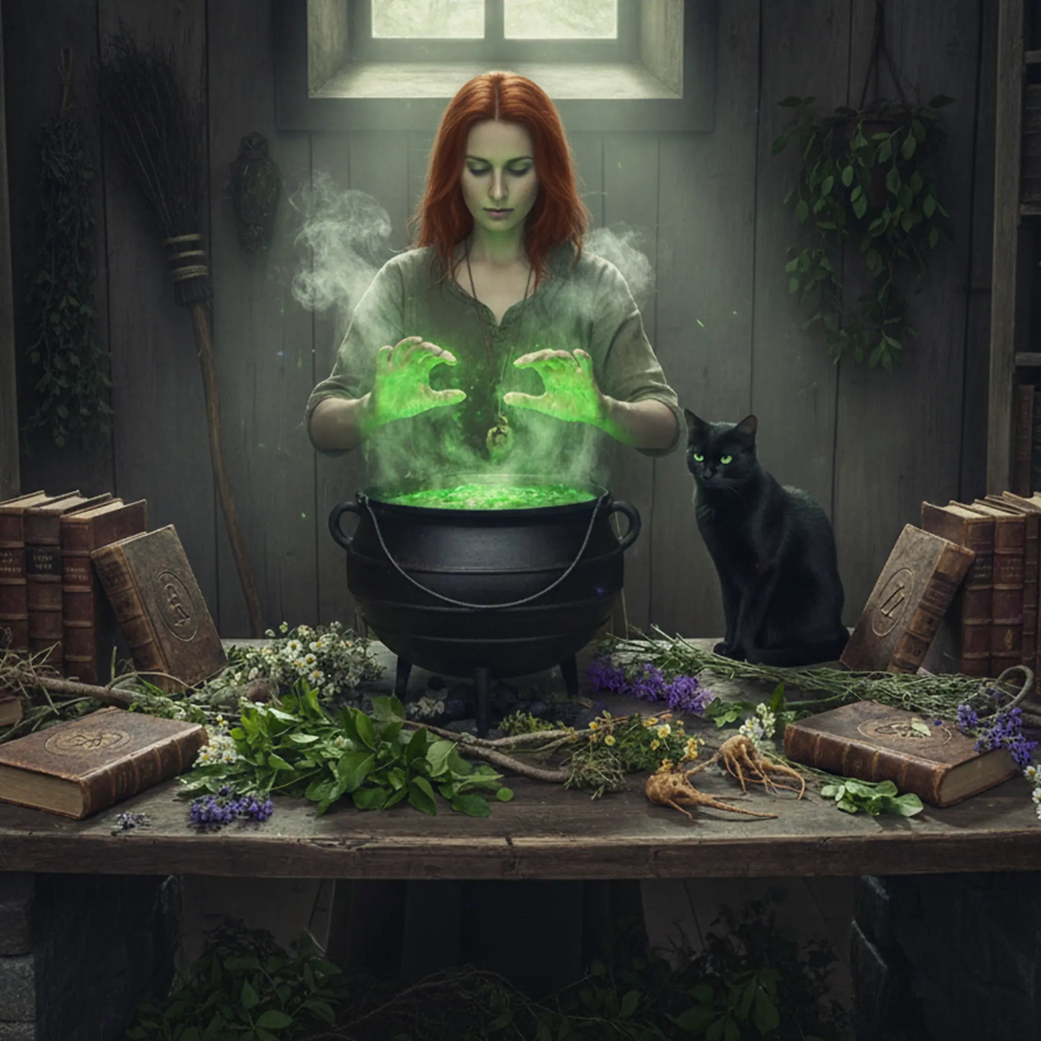 Femme aux mains lumineuses vertes au-dessus d'un chaudron, avec un chat noir et des grimoires.