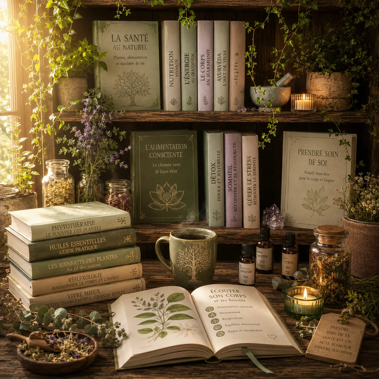 Sélection de livres santé et bien-être disposés sur une étagère en bois entourée de plantes, flacons d'huiles essentielles, bougies et d'un ouvrage ouvert illustrant la phytothérapie.