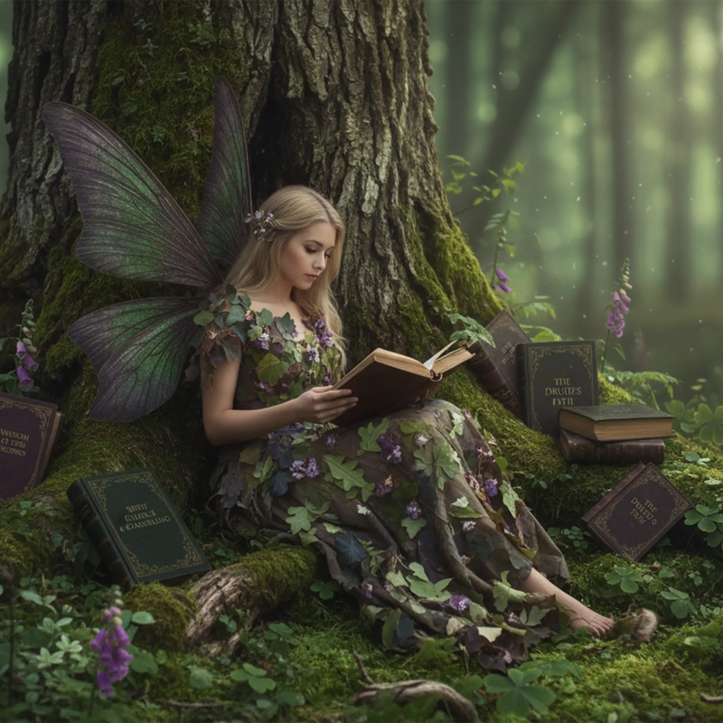 Fée assise sous un arbre, lisant un livre dans la forêt.
