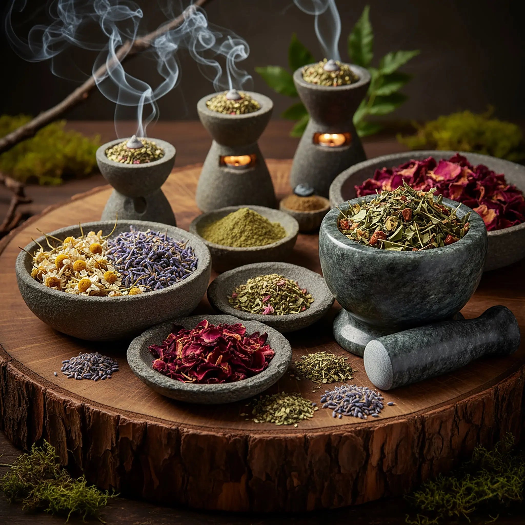 Sélection de plantes et herbes magiques sur un rondin de bois : mortier en pierre avec pilon, coupelles remplies de pétales de rose, lavande et camomille, devant des brûleurs diffusant de la fumée.