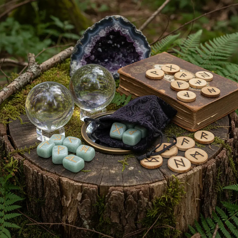 Runes, boules de cristal et géode d'améthyste sur une souche d'arbre en forêt.