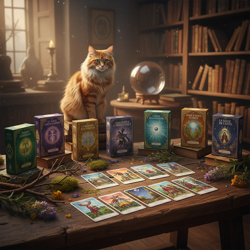 Chat roux assis sur une table en bois parmi des jeux de tarot, des cartes étalées et une boule de cristal.