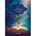 La couverture du livre « 24 mots et phrases magiques » de Midaho, illustrant un livre ouvert d'où s'échappe une lumière féerique et des étincelles sur un fond cosmique bleu et turquoise, publiée aux éditions Hélios.
