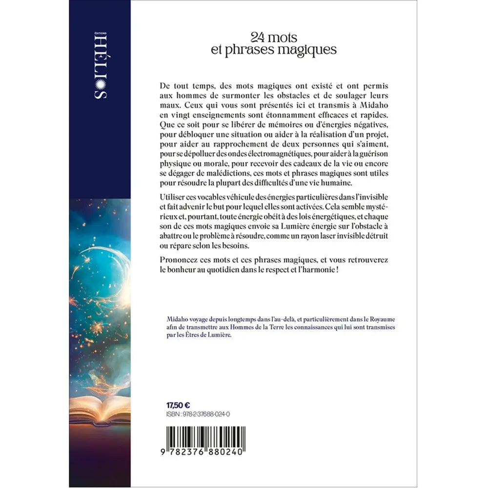 La quatrième de couverture du livre « 24 mots et phrases magiques », présentant un texte de présentation sur fond blanc, une bande latérale décorative reprenant l'illustration de la couverture, ainsi que le prix, l'ISBN et le code-barres en bas.