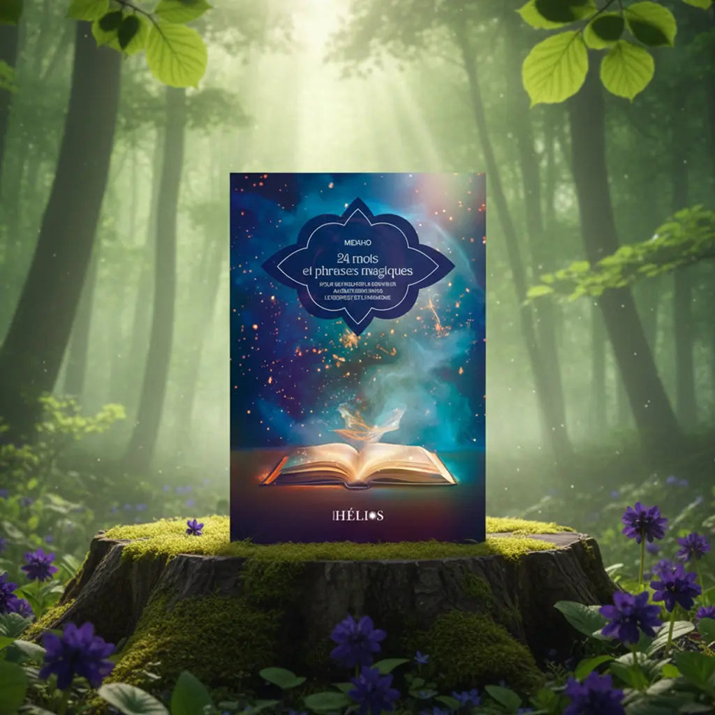 Livre bleu 24 Mots et Phrases Magiques de Midaho posé sur une souche moussue, illustré d'un grimoire ouvert d'où s'échappent des étincelles et des fumées magiques.