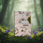 Livre rose 60 Idées Magiques pour Sorcières Créatives de Lexa Olick posé sur une souche moussue, illustré d'une main tenant une fiole de sorts, de runes et de ciseaux de couturière.