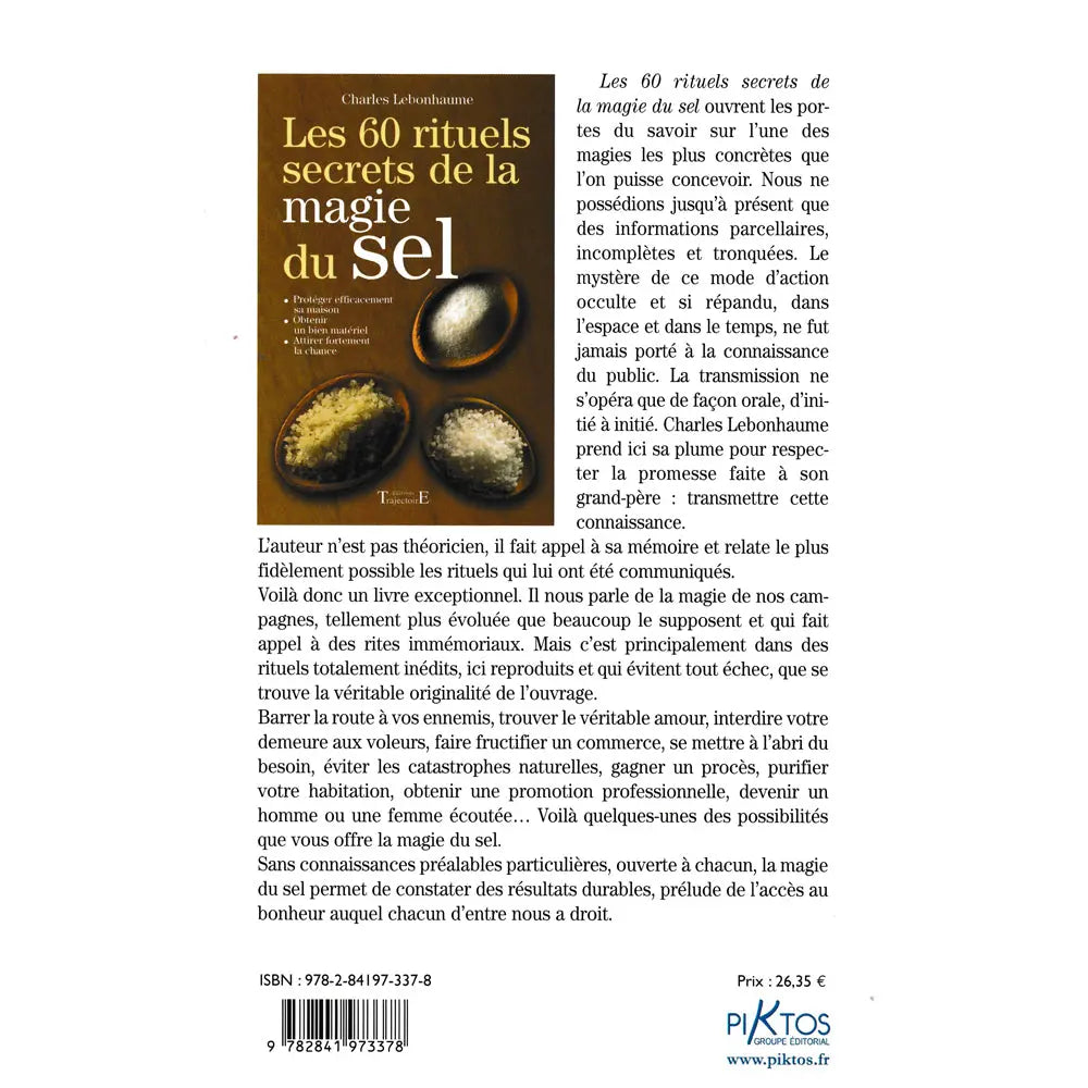 Quatrième de couverture du livre Les 60 rituels secrets de la magie du sel sur fond blanc avec texte de présentation et rappel de la couverture.