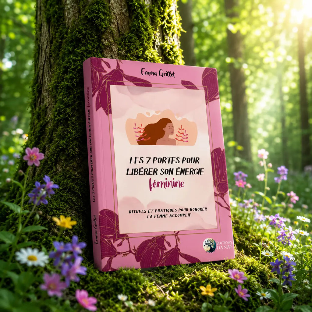 Livre Les 7 Portes pour Libérer son Energie Féminine sur mousse sacrée au pied d'un arbre, entouré de fleurs violettes sous des rayons de soleil magiques.