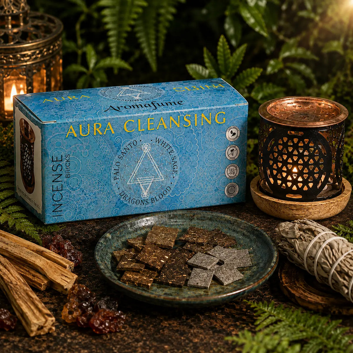 Coffret bleu Aromafume Aura Cleansing avec le brûleur Fleur de Vie illuminé, entouré de bâtons de Palo Santo, de résine et d'un bâton de sauge.
