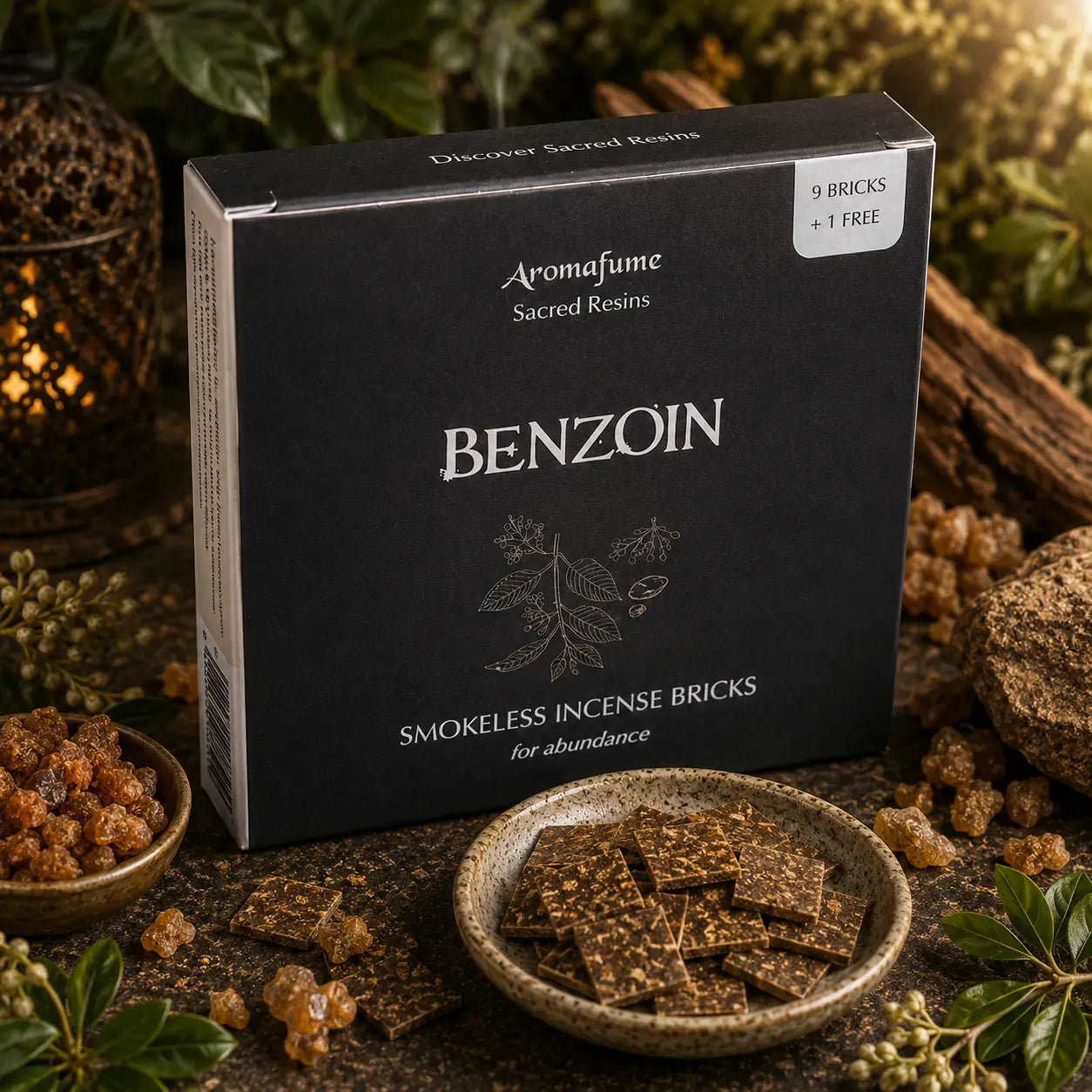 Boîte noire d'encens Aromafume Sacred Resins Benzoin entourée de pépites de résine de benjoin dorées, avec des briques d'encens fines dans une coupelle en céramique.