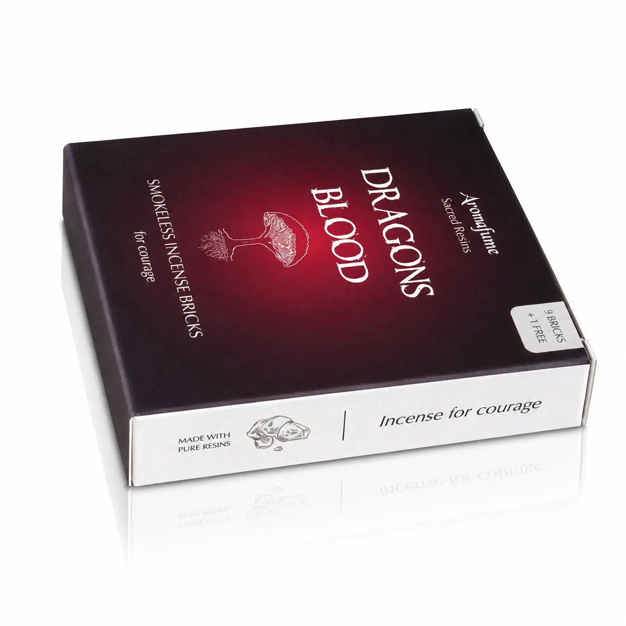 Briques d'encens Sang de dragon (Dragons Blood) Aromafume, packaging rectangulaire sombre dégradé de rouge avec tranche blanche, orné de l'illustration blanche d'un arbre au centre.