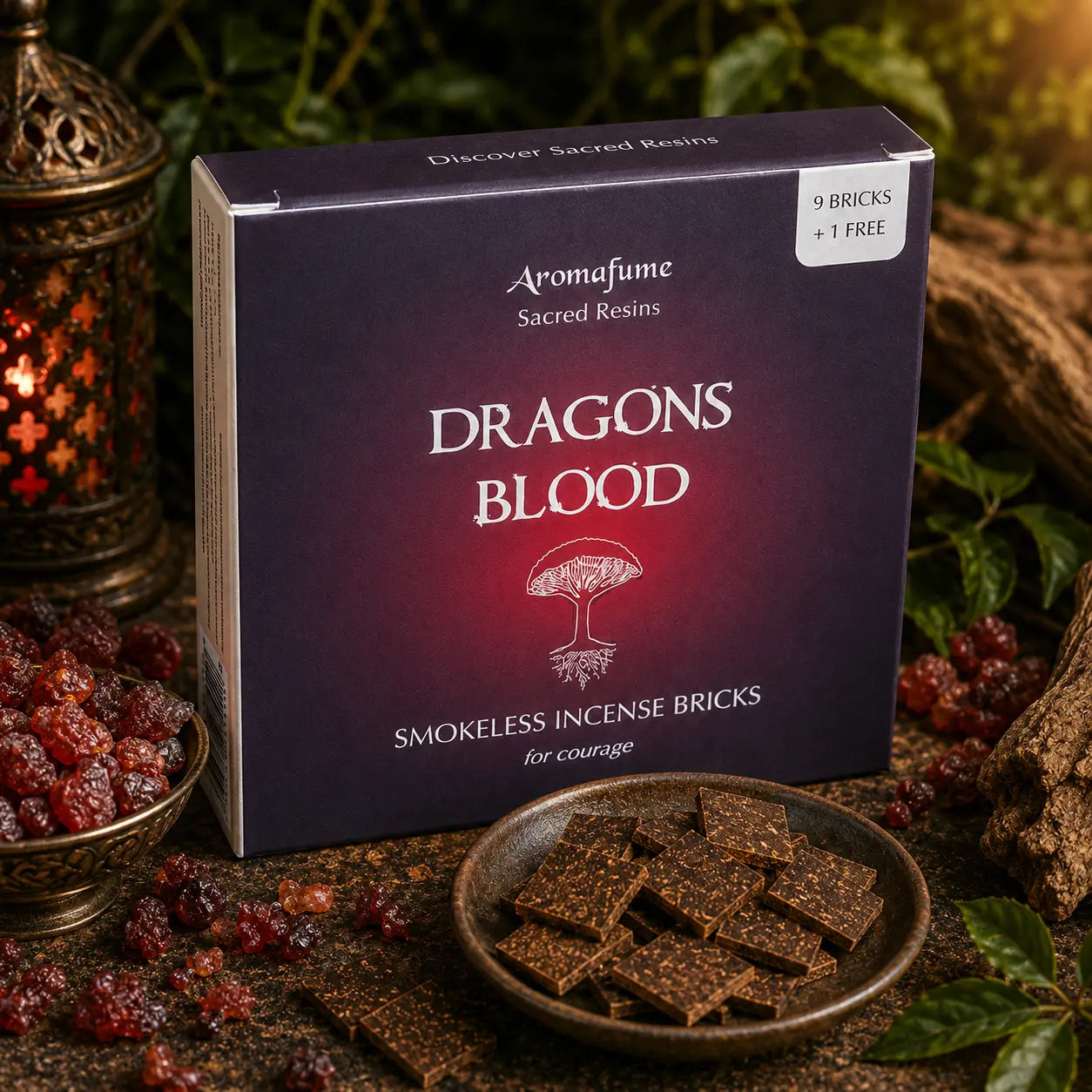 Boîte violette d'encens Aromafume Sacred Resins Dragons Blood entourée de morceaux de résine rouge sang de dragon, avec des briques d'encens fines dans une coupelle en céramique.